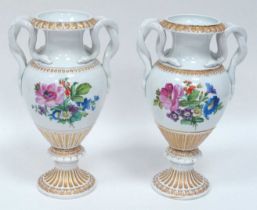 A Pair of Late XIX Century Meissen Porcelain Vases, of baluster form with snake handles, the