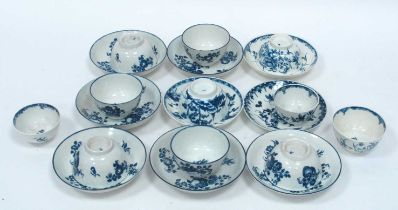 Eleven Caughley and Worcester Porcelain Tea Bowls and Nine Saucers, painted in underglaze blue