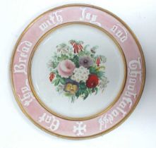 A Circular Pottery Bread Plate, with verse to border, handpainted floral panel to centre, 33.5cm