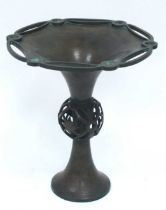 A Chinese Early XX Century Bronze Vase, of gu shape, the shaped flared column applied with a pierced