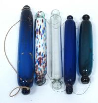 A Collection of Victorian Glass Rolling Pins, to include two Bristol blue examples, a green, a clear