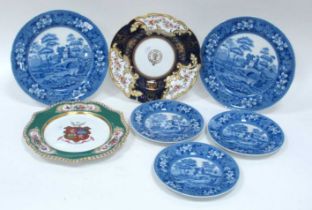 Five Spode 'Tower' Pattern Blue and White Plates, two sizes, 19.5cm and 26cm diameter, an Armorial
