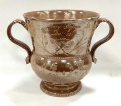 An Early XIX Century Salt-Glazed Stoneware Two-Handled Loving Cup, incised with floral decoration