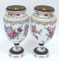 A Pair of Late XIX Century German Porcelain Vases, with metal mounts, the fluted ovoid bodies raised