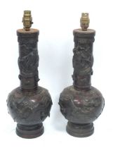 A Pair of Late XIX Century Patinated Bronze Vases, (converted to table lamps) cast and applied