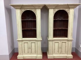 A Pair of XVIII Century Style Painted Breakfront Display Cabinets, with stepped cornice, reeded