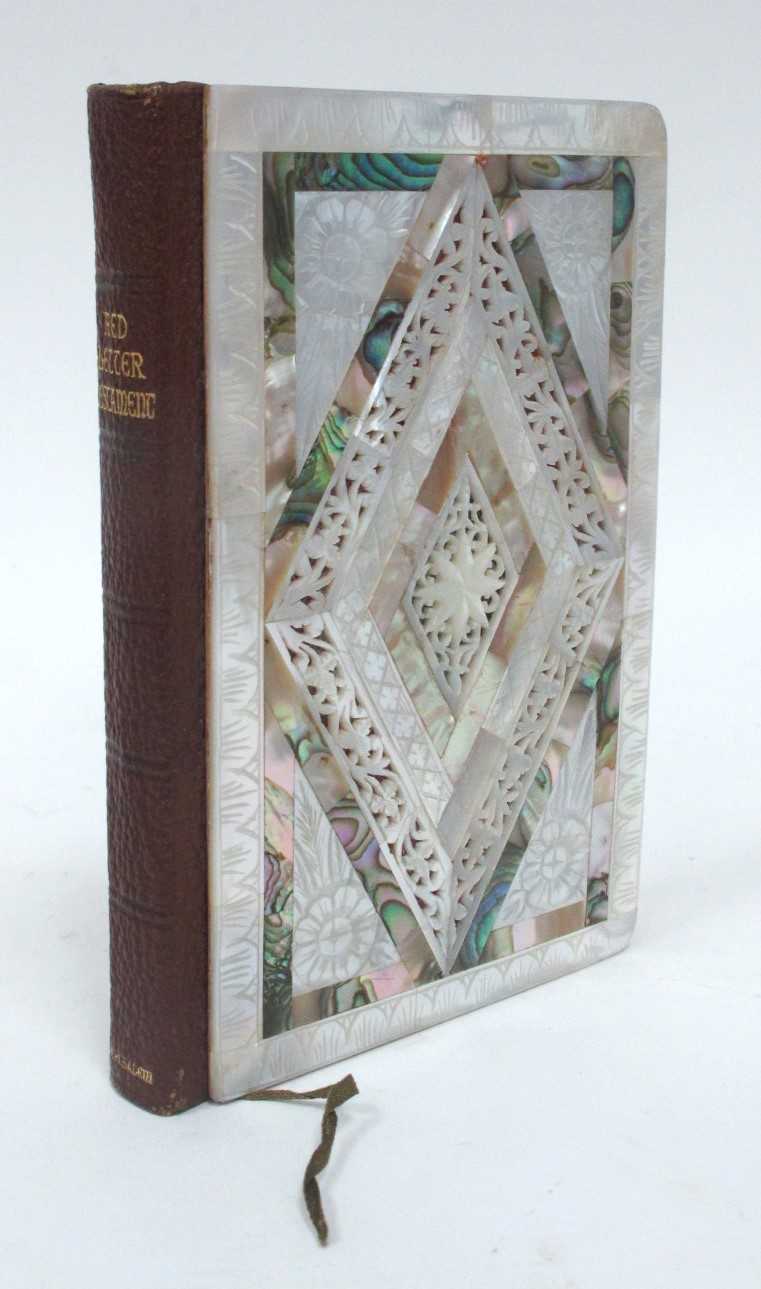 A Mother of Pearl Mounted 'Red Letter New Testament', elaborately pierced with flowers, inscribed - Image 2 of 3
