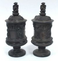 A Pair of Late XIX Century Patinated Bronze Vases and Covers, the finials cast in the form of