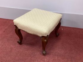 A XIX Century Mahogany Stool, with upholstered top on cabriole legs and scroll feet, 43cm wide.