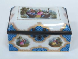 A Continental Porcelain Trinket Box and Hinged Cover (detached), of square form, painted in panels