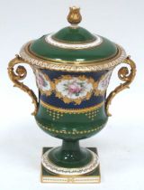 A Royal Crown Derby Porcelain Vase and Cover, of two-handled campana form raised on a square base,