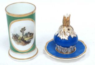 A Rockingham Porcelain Candle Holder and Pierced Cover, decorated in blue and gilt, the cover
