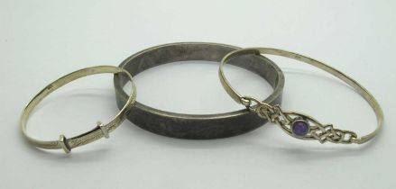 A Hallmarked Silver Stone Set Bangle of Celtic Design, to hook and loop fastening; together with a