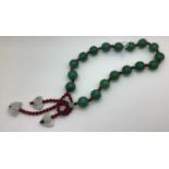 A Modern Polished Green Hardstone Chunky Bead Necklace, with red bead spacers with butterfly drops.