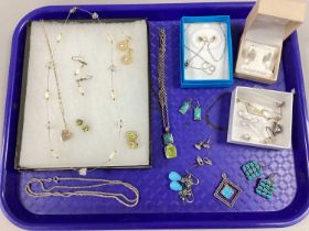 A Collection of Jewellery Stamped "925", to include a hardstone necklace and earring set, gilt