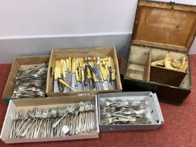 A Quantity of Assorted Knives and Forks, including part sets, 'Caltex' fish forks; wooden carry