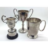A Hallmarked Silver Twin Handled Trophy Cup, JHP (marks rubbed), fixed to black plastic socle base