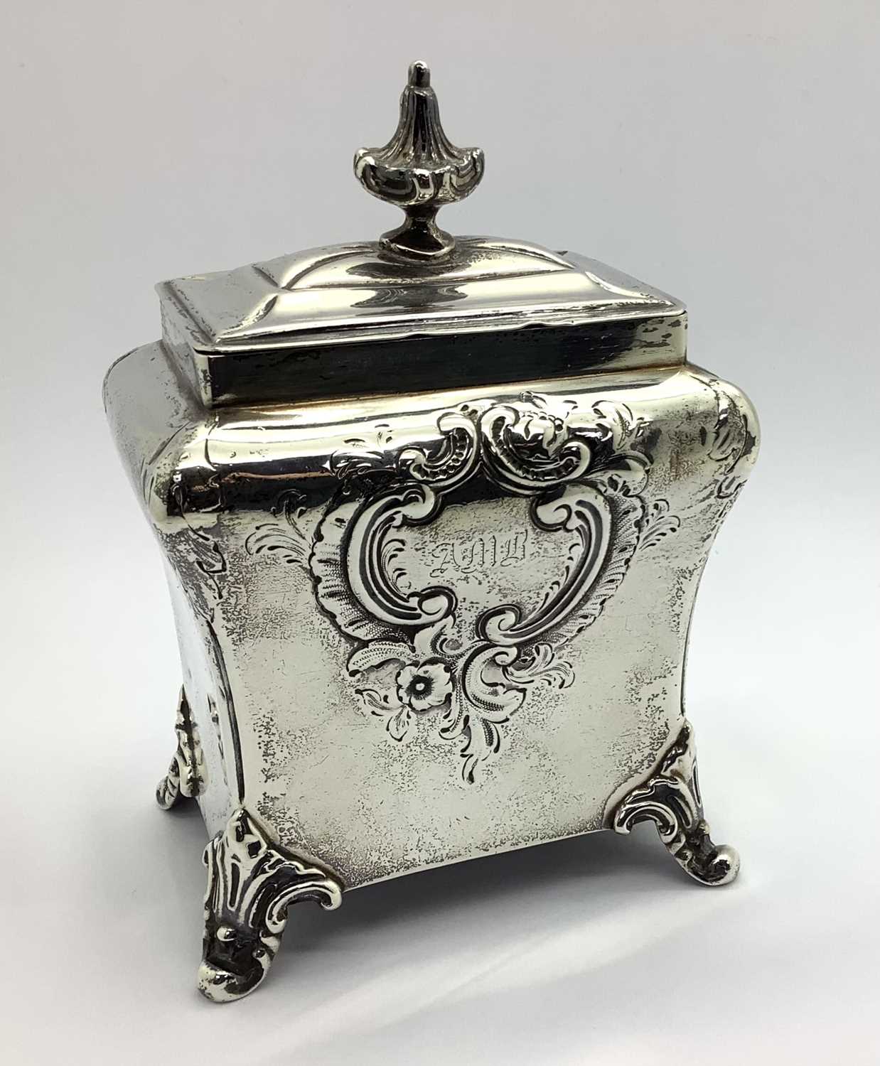 A Decorative Victorian Hallmarked Silver Caddy, GR, London 1848, of rectangular inverted baluster