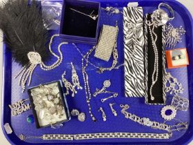 A Collection of Diamanté Jewellery, to include imitation pearl bead Swarovski necklace, a feather