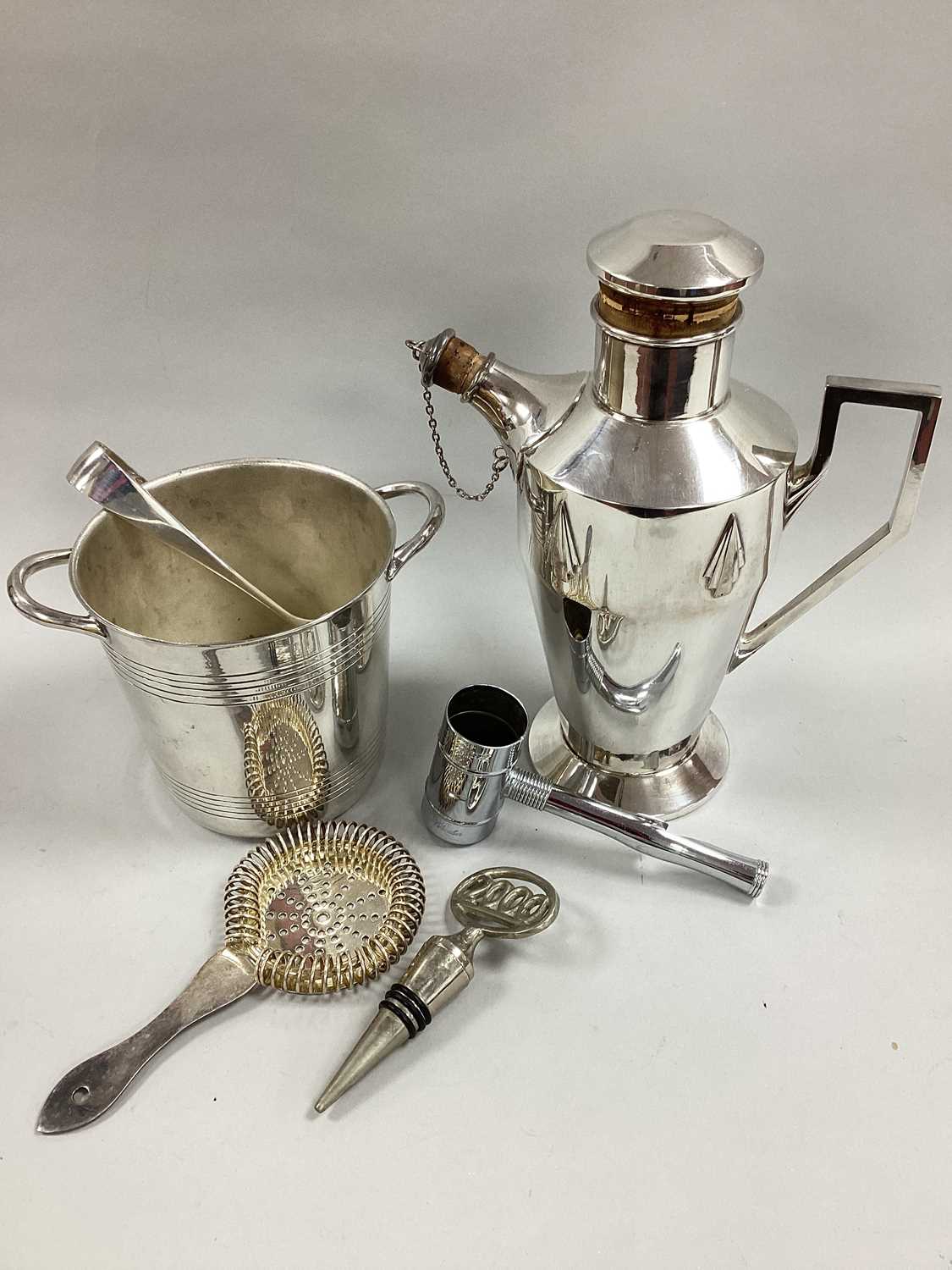 A Gladwin Ltd Embassy Art Deco Style Plated Cocktail Shaker, together with a plated ice bucket,