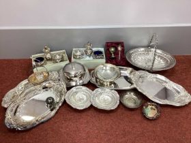Assorted Plated Ware, including decorative dishes, sugar basket, swing handled pedestal oval dish,