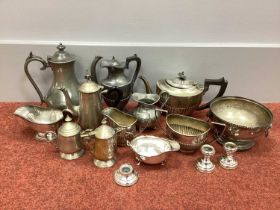 Assorted Plated Ware, including a hallmarked silver sauce boat, with wavy cut edge, raised on