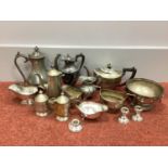 Assorted Plated Ware, including a hallmarked silver sauce boat, with wavy cut edge, raised on