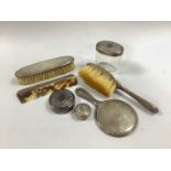 Hallmarked Silver Mounted Part Vanity Set, each with engine turned decoration, including small