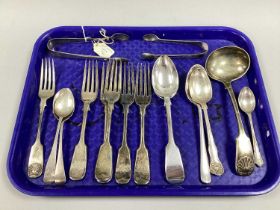 Two Pairs of Hallmarked Silver Sugar Tongs, a hallmarked silver fork, plated forks, plated sauce