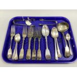 Two Pairs of Hallmarked Silver Sugar Tongs, a hallmarked silver fork, plated forks, plated sauce