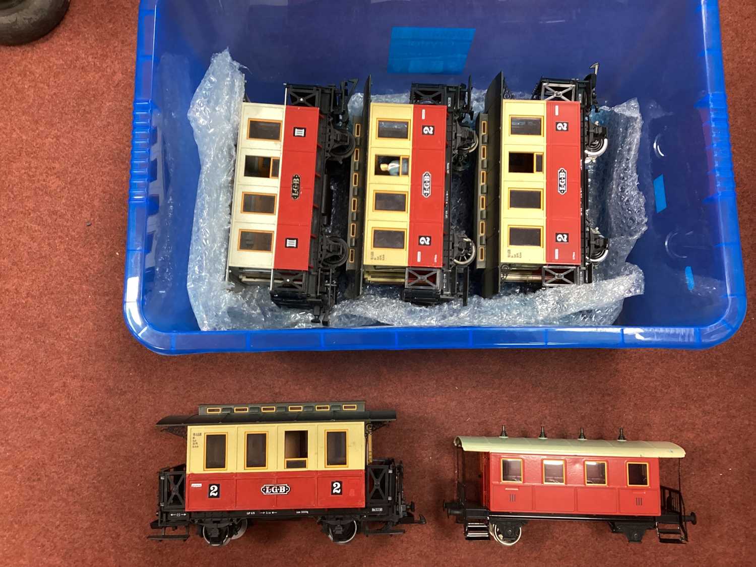 Four L.G.B 'G' Gauge Four Wheel Second Class Cream/Red Passenger Coaches, good unboxed condition, (