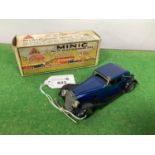 A Post War Tinplate Clockwork Minic Vauxhall Tourer, blue/black, overall good, boxed, no key.