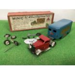 A Tinplate Minic Clockwork Mechanical Horse and Pantechican, red cab/blue trailer, 'Minic