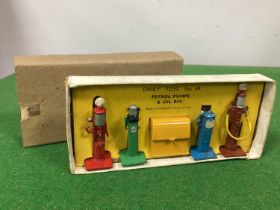 Dinky Toys Set No. 49 'Petrol Pumps and Oil Bin', overall very good, three hoses missing, boxed.