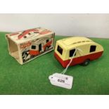 A Post War Minic Tinplate Caravan, cream/maroon, excellent, boxed, box missing flaps to one end.