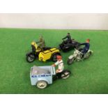 Three Mid XX Century Diecast Motorcycles, By Benbros and others, plus a later Ice-cream Tri-cycle,