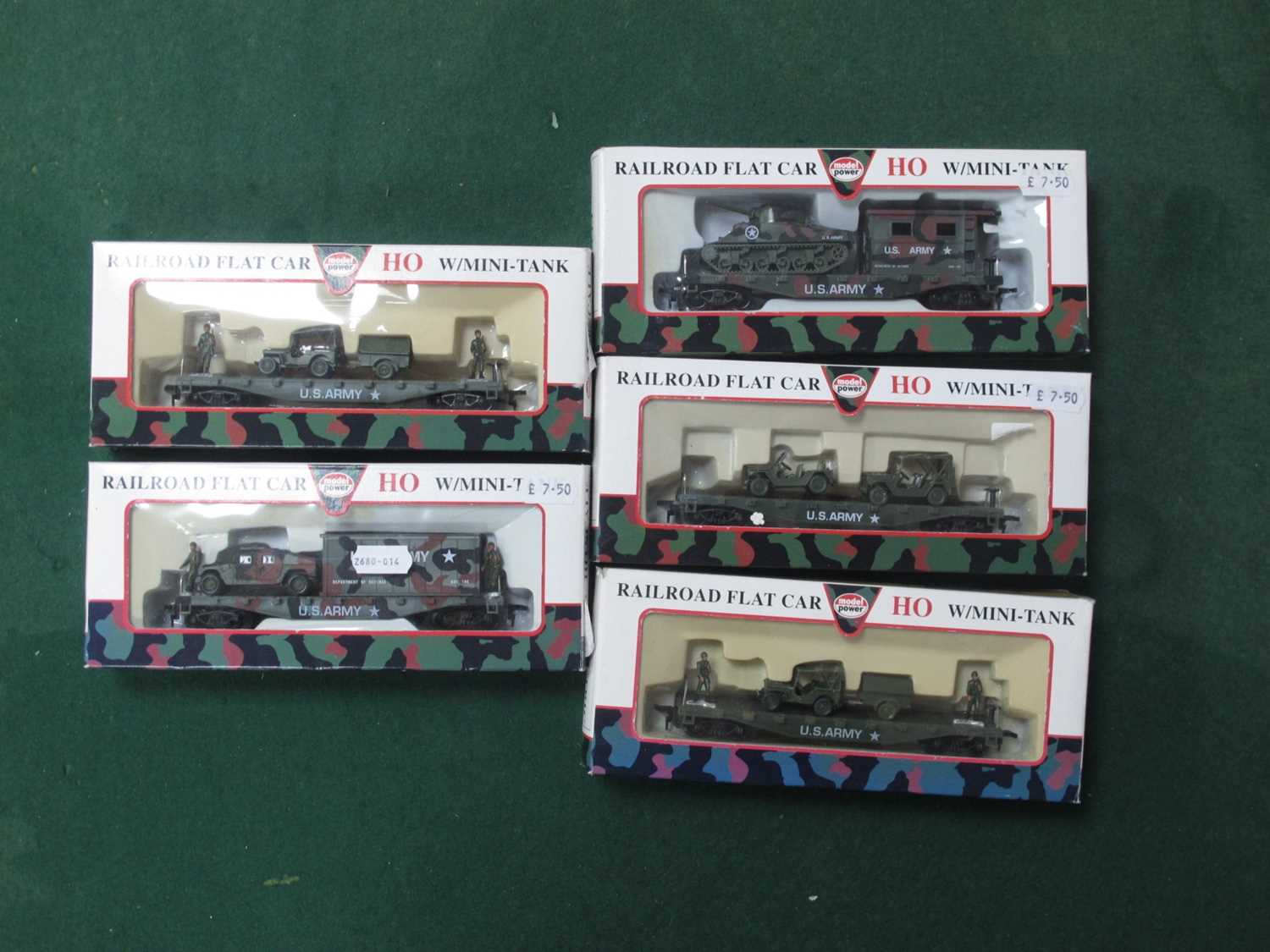 Five Model Power (Roco for U.S.A Market) "HO" Gauge US Army Railroad Flat Cars, with "Mini-Trix