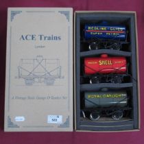 An 'O' Gauge/7mm Ace Trains Set 5, three vintage style 'O' Tanker Set, excellent, boxed.