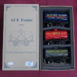 An 'O' Gauge/7mm Ace Trains Set 5, three vintage style 'O' Tanker Set, excellent, boxed.