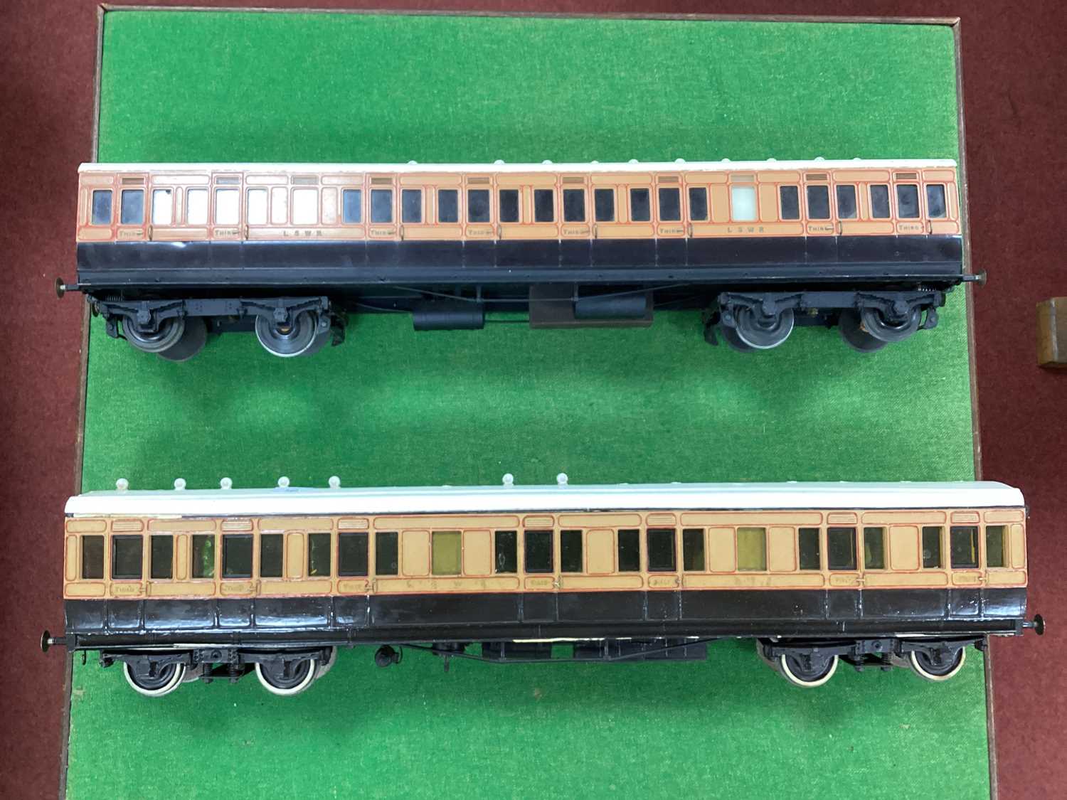 Two 'G' Gauge L.S.W.R Cream/Bowm Bogie Coaches, unboxed both first and third, one very good by J and