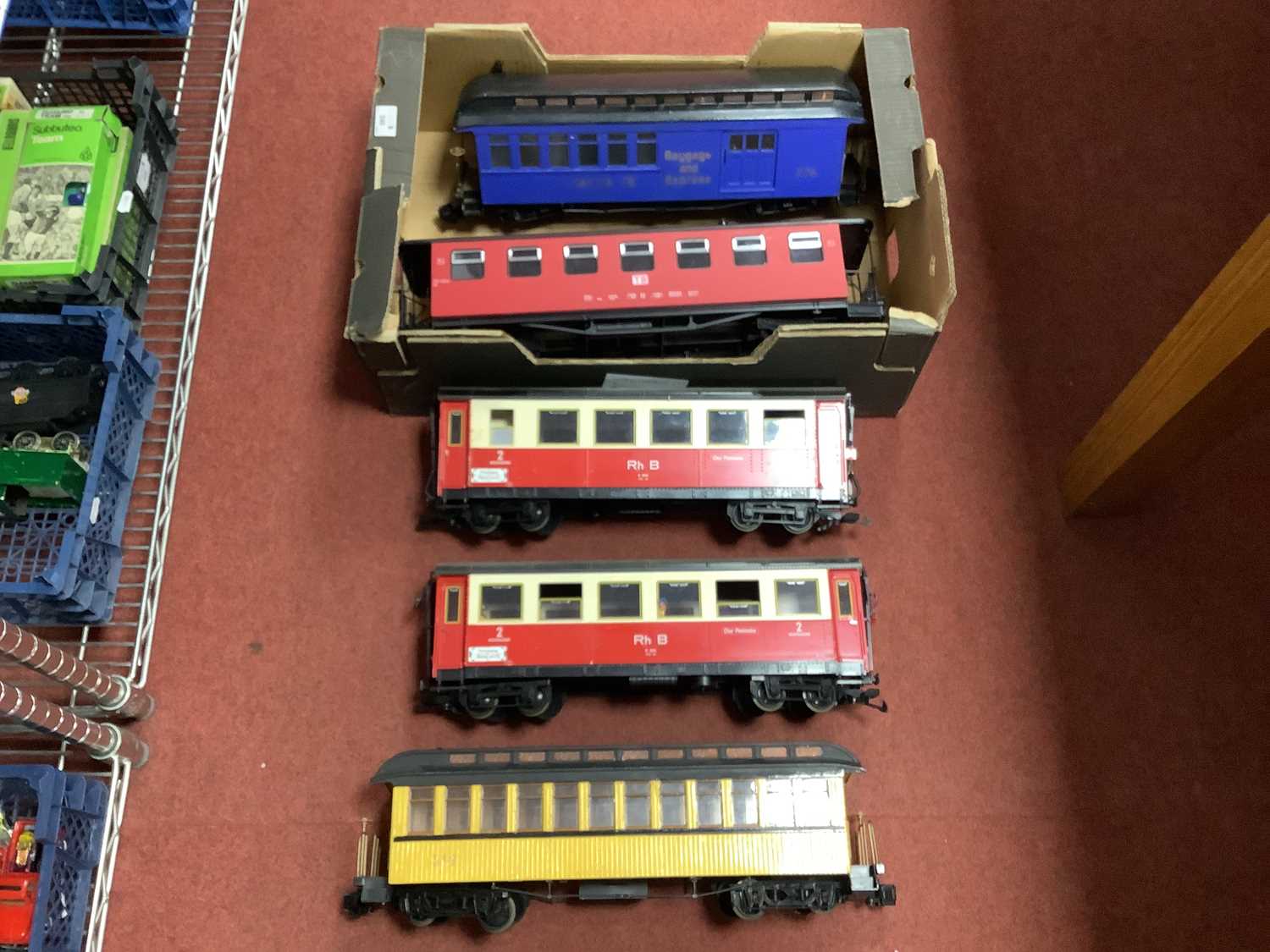 Five 'G' Gauge Bogie Coaches, unboxed, comprising two L.G.B RhB 2nd "Chur-Pontresina" and Newqida (