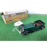 A Post War Tinplate Clockwork Minic Vauxhall Cabriolet, green/black, overall good, boxed, one