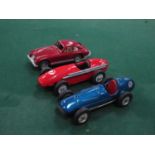 Three MId XX Century Scalex Minimodels Tinplate Cars, a Maserati, repainted, an Aston Martin,