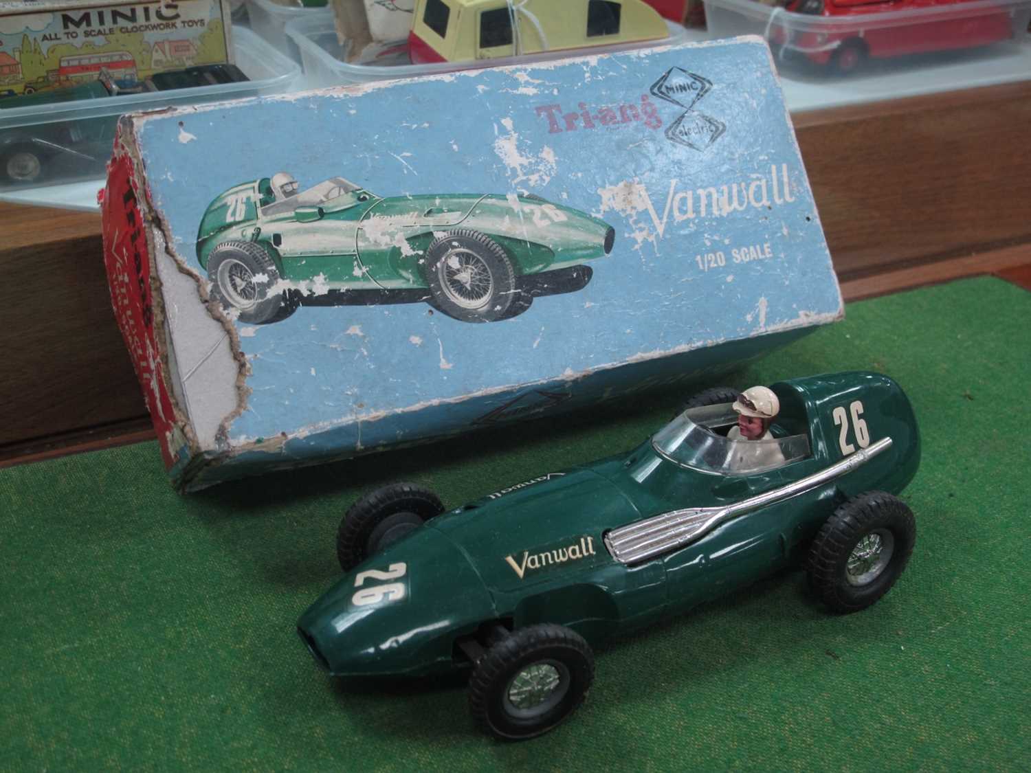 An Original Tri-ang 1:20 Scale Vanwall Racing Car, green, body appears unbroken, missing battery box
