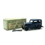 A Post War Tinplate Minic Clockwork Ford Saloon, blue, very good, boxed, with key.