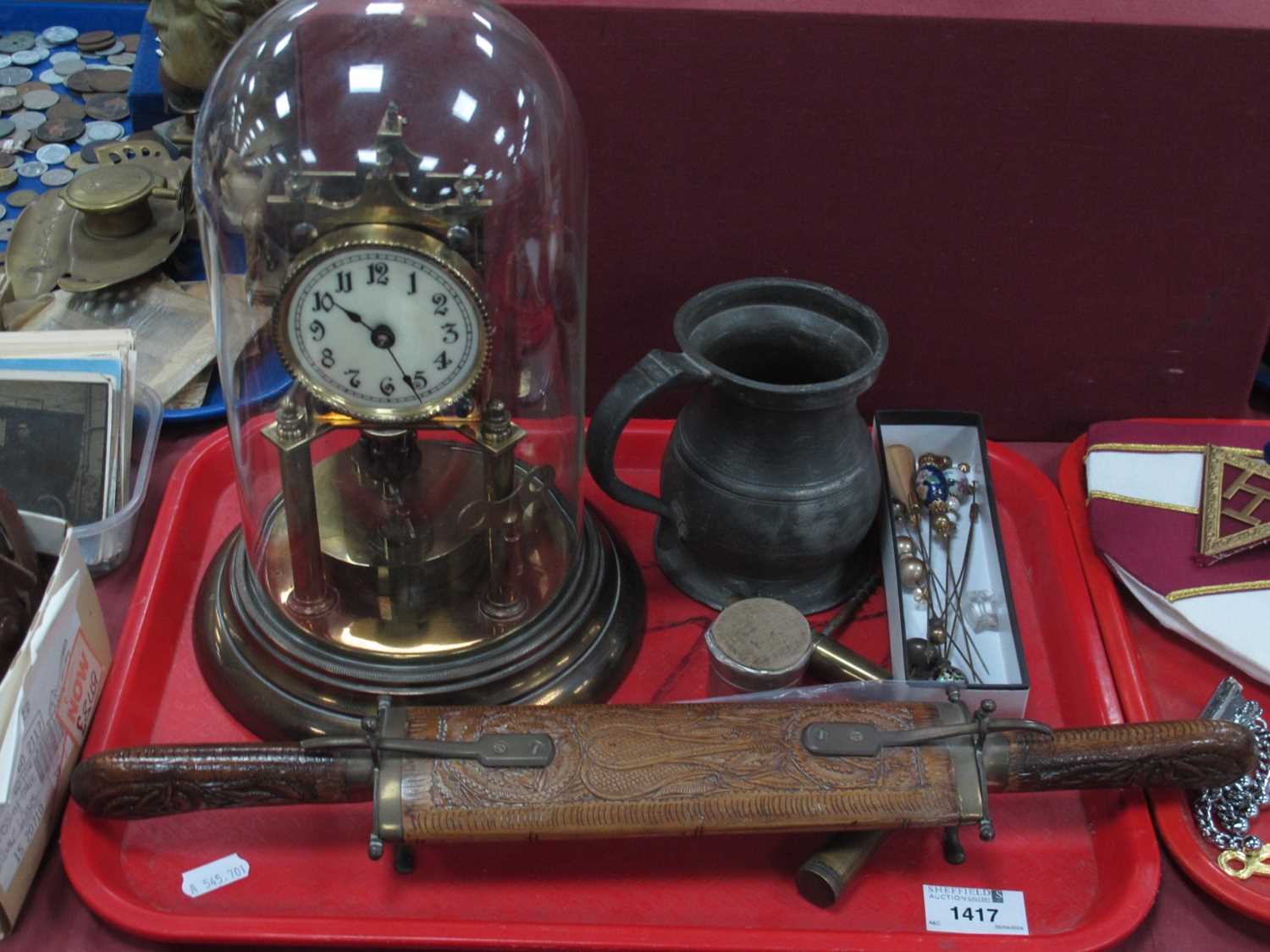 Brass Clock Under Glass Dome, 27cm high. Indian knife and fork with carved wooden handles and