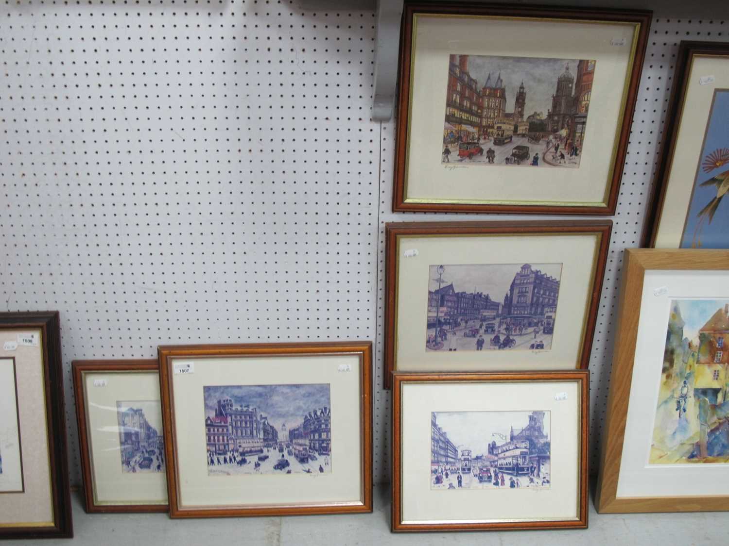 Terry Gorman (Sheffield artist) collection of five prints of busy street scenes all pencil signed to