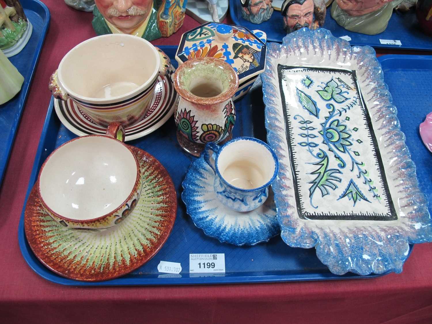 Quimper Paul Fouillen Rectangular Tray and Octagonal Jar and Cover, cups and saucers, ovoid vase,