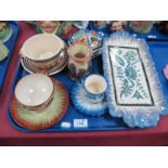 Quimper Paul Fouillen Rectangular Tray and Octagonal Jar and Cover, cups and saucers, ovoid vase,