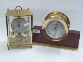 Kundo 24 Hour Mantle Clock, in brass casing, Seth Thomas U.S.A barometer. (2).